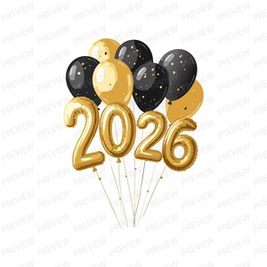May include: A celebratory collection of gold and black balloons, featuring the numbers 2026 in gold foil. Some balloons are plain gold, while others are black with gold star patterns. The balloons are held together with gold strings.