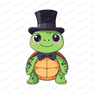 Könnte beinhalten: Cartoon-Illustration einer grünen Schildkröte mit schwarzem Zylinder und schwarzer Fliege. Die Schildkröte hat einen hellorangen Panzer und einen freundlichen Gesichtsausdruck. Der Hintergrund ist weiß mit dem Wort "PREVIEW" wiederholt.