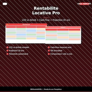 Può includere: Grafico intitolato "Rentabilite Locative Pro" con il testo "LCD vs Airbnb + Cash-Flow + Projection 20 ans." Sono visualizzate due tabelle, etichettate "Dashboard" e "Details." Il grafico include punti elenco con termini finanziari.