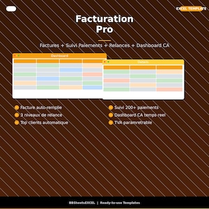 May include: An Excel template titled "Facturation Pro" with a brown background. The image displays two windows with data tables, labeled "Dashboard" and "Details." Text includes features like auto-fill invoices and real-time CA dashboards.