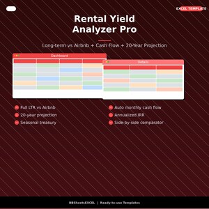 Peut inclure: Graphique numérique présentant "Rental Yield Analyzer Pro". L'image montre deux fenêtres avec des tableaux de données et des puces énumérant des fonctionnalités telles que les flux de trésorerie et les projections sur 20 ans. Le fond est rouge foncé.