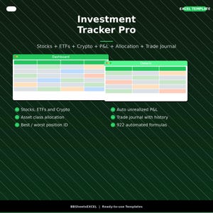 Peut inclure: Graphique numérique pour un modèle Excel intitulé "Investment Tracker Pro". Le modèle comprend des sections pour les actions, les FNB, les crypto-monnaies, les P&L, l'allocation et un journal de transactions. Le design présente un fond vert avec des lignes diagonales et deux aperçus de feuilles de calcul.