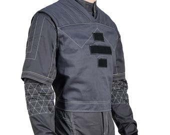 Disfraz de Din Djarin con traje de vuelo gris mandaloriano – Disfraz de cazarrecompensas de Star Wars para Halloween