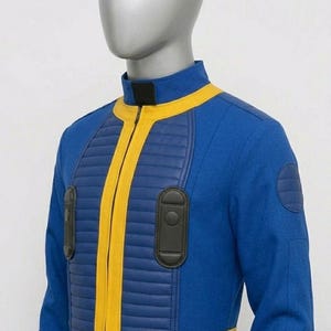 close-up of the Fallout cosplay vault suit side profile, emphasizing the depth and stitching of the black utility pouches, the waist belt construction, and the blue fabric texture.