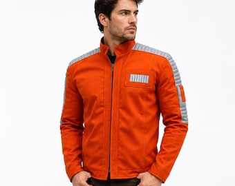 May include: An orange jacket with a high collar, gray ribbed shoulder panels, and a rectangular gray chest patch, paired with dark brown trousers and black mid-calf boots. The jacket features a front zipper closure and a small rectangular patch on the left sleeve.