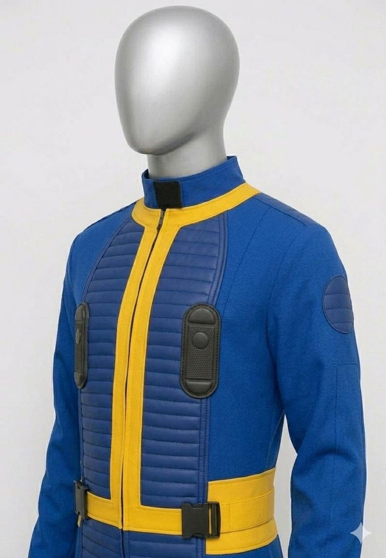 close-up of the Fallout cosplay vault suit side profile, emphasizing the depth and stitching of the black utility pouches, the waist belt construction, and the blue fabric texture.