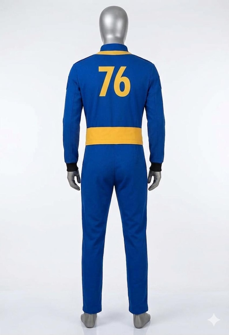 Full back view of the Fallout cosplay Vault Dweller jumpsuit, featuring a prominently displayed large golden-yellow '76' vault number on the blue back panel, along with the rear waist belt detail