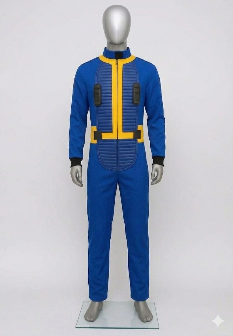 Full front view of the standard Fallout Vault Dweller costume jumpsuit on a mannequin, featuring textured blue fabric, ribbed yellow collar, matching central chest zipper, waist belt, and padded black tech pouches.