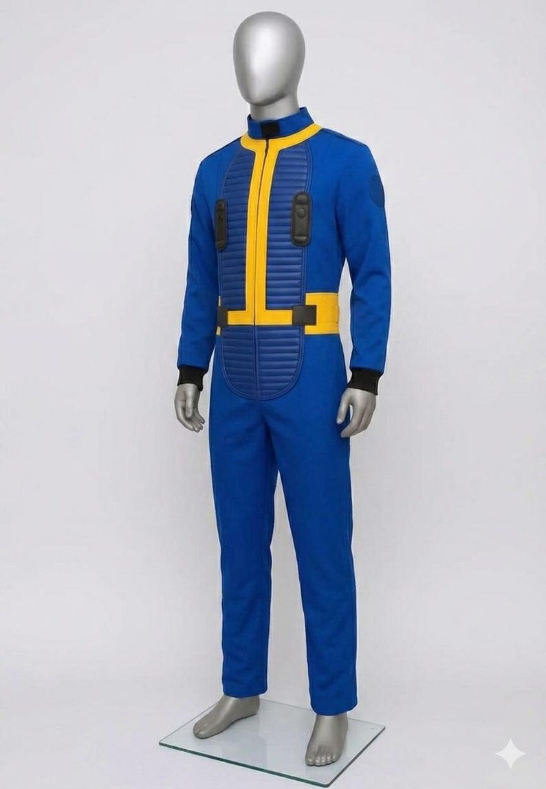 Side profile view of the Fallout Vault Dweller jumpsuit costume, showcasing the clean fit, the continuation of the yellow trim on the collar and waist, and the ribbed black cuff detail on the sleeve