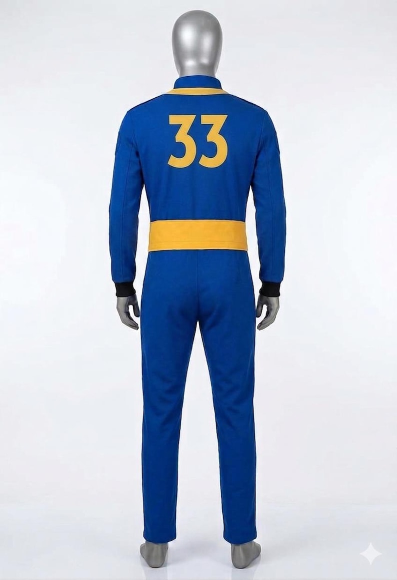 Full back view of the Fallout cosplay Vault Dweller jumpsuit, featuring a large golden-yellow '33' vault number (as seen in the Fallout TV series) on the blue back panel, with rear belt details.