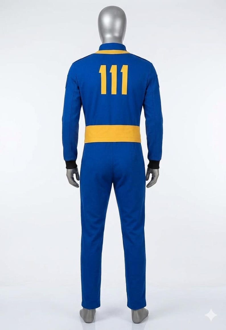Full back view of the Fallout cosplay Vault Dweller jumpsuit, featuring a large golden-yellow '111' vault number (from Fallout 4) on the blue back panel, along with the rear waist belt.