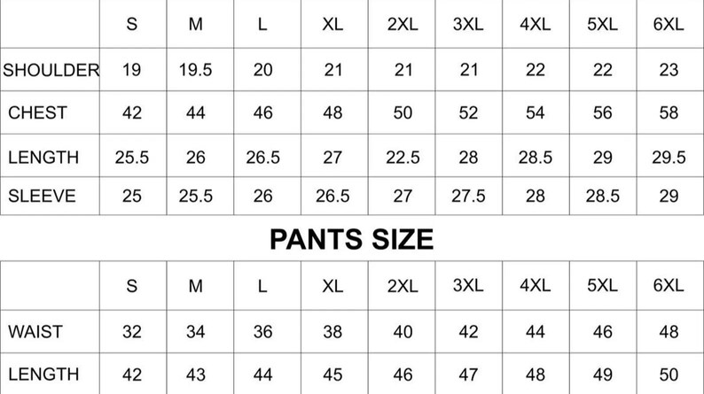 Może przedstawiać: Tabela rozmiar&oacute;w odzieży, pokazująca wymiary ramion, klatki piersiowej, długości i rękawa, a także talii i długości spodni. Rozmiary od S do 6XL, wymiary w calach.