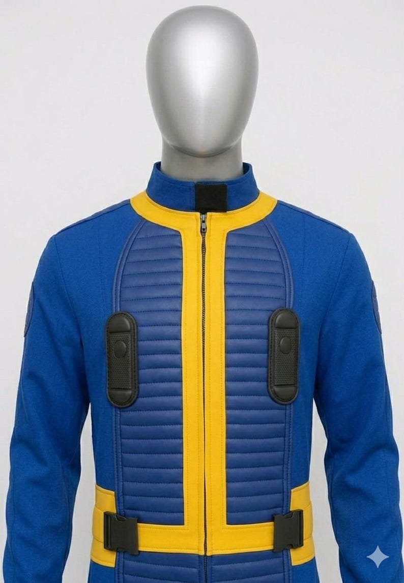 Close-up shot of the Fallout cosplay vault suit’s front panel, detailing the horizontal ribbed yellow padding, the metallic central zipper, and the two black vertical utility chest pouches