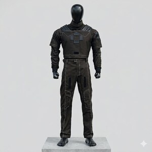 May include: A dark brown tactical-style two-piece outfit on a black mannequin. The top features a high collar, structured shoulder panels, and rectangular patches on the chest. The matching trousers include visible white stitching and rectangular patches.