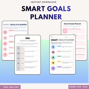 Könnte beinhalten: Digitaler SMART Goals Planner im PNG- und PDF-Format. Der Planer hat ein klares, minimalistisches Design mit Abschnitten zur Zielsetzung. Der Text "SMART GOALS PLANNER" ist prominent oben platziert. Der Planer soll helfen, Absichten in die Realität umzusetzen.