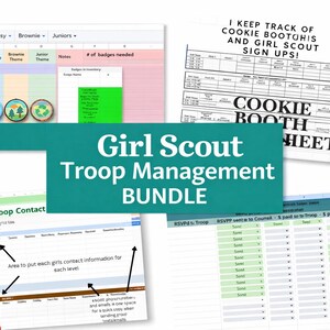 May include: A Girl Scout Troop Management digital bundle featuring spreadsheet templates for tracking badges, cookie booth sign-ups, contact information, and attendance. The documents include tables with headers for dates, themes, and status updates in a grid layout.