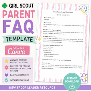 May include: A Girl Scout Parent FAQ template document featuring a white background with pastel pink wavy borders and colorful flower icons. The text includes sections for common questions like meeting frequency, activities, and costs, all editable in Canva.