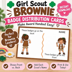 May include: A rectangular card featuring the text Girl Scout BROWNIE BADGE DISTRIBUTION CARDS. The card shows two illustrations of a scout in a brown vest and tan shorts, with labels indicating where badges go on the front and back, and a space for a name.