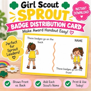 May include: A rectangular Girl Scout Sprout badge distribution card with a yellow border. The card features two illustrations of a scout in a yellow vest and khaki shorts, with text indicating badge placement for the front and back of the uniform.