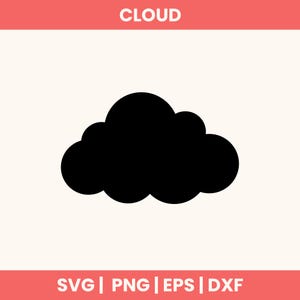 May include: A black silhouette of a cloud centered on a light background. The word CLOUD is printed in white at the top, and the text SVG | PNG | EPS | DXF is printed in white at the bottom of the image.