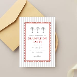 May include: A graduation party invitation with a red scalloped border and vertical gray and white stripes. The invitation includes the text "GRADUATION PARTY" and details for a crawfish boil celebration.