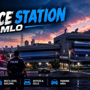 May include: A digital graphic for a FiveM police station MLO featuring a multi-level building, a police cruiser with blue and red lights, and a police officer in uniform. The text reads FiveM POLICE STATION MLO, FULLY DETAILED POLICE STATION.