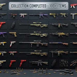 Könnte beinhalten: Eine Wandpräsentation mit über 100 Miniatur-Spielzeugschusswaffen in verschiedenen Farben und Designs, angeordnet in einem Raster. Ein zentrales Schild trägt die Aufschrift COLLECTION COMPLETED - 100+ ITEMS. Spielzeugmunition liegt am Boden.