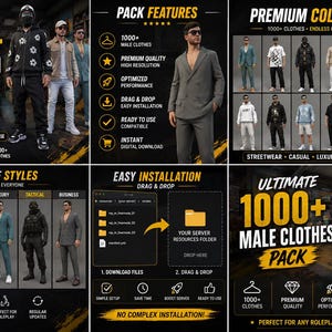 May include: A digital product advertisement for a 1000+ premium male clothes pack featuring various clothing styles, including hoodies, suits, and casual wear, with text overlays detailing pack features, installation instructions, and download options.