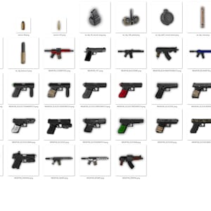 May include: A collection of various firearms, including pistols and rifles, in a grid layout. The firearms display a range of colors and designs, with some featuring red, blue, and green accents. Also included are bullets and other related accessories.