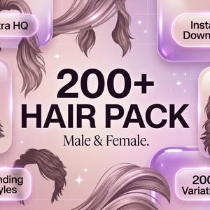 Op de afbeelding: Digitale afbeelding met een haarpakket met meer dan 200 variaties voor mannelijke en vrouwelijke personages. De afbeelding bevat de tekst "Ultra HQ", "Direct downloaden", "Trending Styles" en "200+ Variaties". De achtergrond is een roze en paarse gradiënt.
