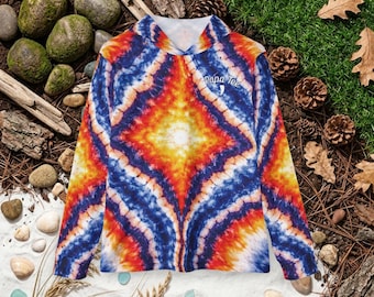 Sudadera con capucha y estampado tie-dye de geoda naranja, azul y blanca / Camiseta para exteriores con protección UPF 50+ / Papa Tee Florida Apparel
