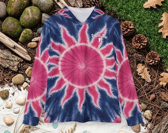 Roze marineblauwe witte Sun Tie Dye Sun-hoodie | Outdoorshirt met SPF 50+ | Papa Tee Florida Apparel