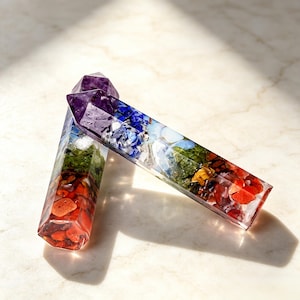 May include: Two hexagonal wands made of clear resin embedded with layers of colorful crushed gemstones. The stones transition from deep purple at the pointed tip to blue, green, yellow, and finally bright red at the flat base of each wand.