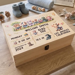 May include: A light-colored wooden keepsake box with a hinged lid. The box is decorated with animal illustrations and the text "WILLIAM SMITH 8LBS 5OZ 18.5 IN LOS ANGELES CALIFORNIA." Additional text includes "MONDAY 8:00 AM SEPTEMBER 06 2024."