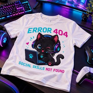 Gaming-Katzen-Geschenk | Fehler 404: Soziale Fähigkeiten nicht gefunden – Schwarzes Katzen-Shirt