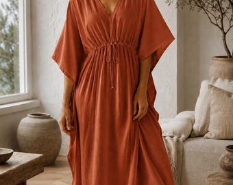 Vestido largo tipo caftán de algodón color terracota óxido / Ropa cómoda de estilo bohemio, estilo resort con cuello en V
