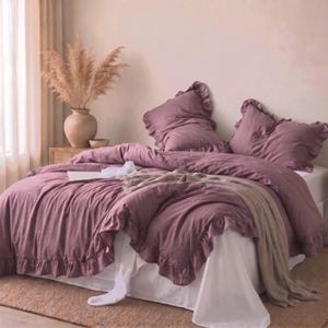 Capa de edredom tamanho queen em algodão com babados na cor malva acinzentada, conjunto de cama em algodão lavado, 2 fronhas