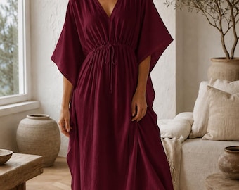 Vestido largo de algodón, caftán burdeos, mangas kimono fluidas, cintura con cordón, vestido largo hasta el suelo.