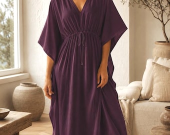 Deep Plum Cotton Maxi Kaftan Dress, Flowy Boho Beach Cover Up, Resort Wear