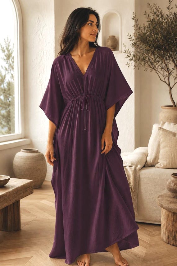 Deep Plum Cotton Maxi Kaftan Dress, Flowy Boho Beach Cover Up, Resort Wear