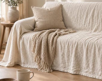 Pure Linen Sofa Cover, Textured Ivory Couch Throw, Natural Living Room Decor