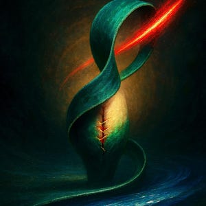 Puede incluir: Arte digital abstracto que presenta una forma central alargada con una estructura verde en forma de cinta que se curva alrededor de un núcleo amarillo-verde. Una racha de luz roja atraviesa la imagen, y el fondo tiene un efecto acuoso.