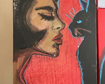 Schilderij van een vrouw en een kat, acrylverf, voor aan de muur, 30 x 40 cm.