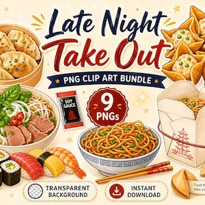 Paquete de imágenes prediseñadas PNG de comida para llevar nocturna / Pegatinas de comida asiática, dumplings, sushi, ramen, galleta de la fortuna, pho, fideos, cangrejo rangoon /