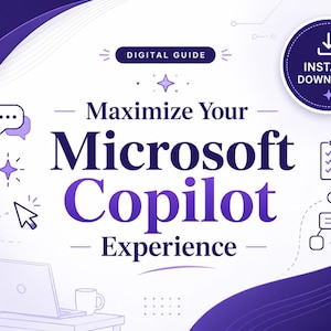 Puede incluir: Una guía digital titulada "Maximice su experiencia con Microsoft Copilot" con un diseño púrpura y blanco. La imagen incluye una computadora portátil, una taza de café e iconos para descarga instantánea y guía digital.