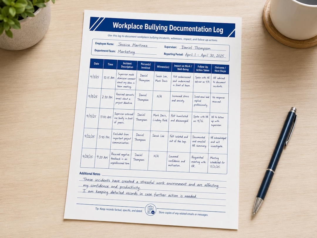 Workplace Bullying Documentation Log | Printable Incident Tracker | HR ...