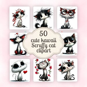Kawaii Scruffy Cat Clipart-paket | 50 kattungeillustrationer (digital nedladdning)