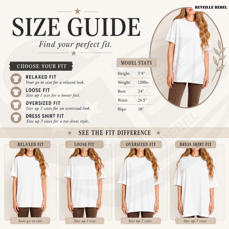 Op de afbeelding: Een maattabel voor t-shirts met de titel REVEILLE REBEL. Het toont modelstatistieken: lengte 163cm, gewicht 54kg, buste 86cm, taille 67cm en heupen 97cm. Het illustreert vier pasvormen: relaxed, loose, oversized en dress shirt fit.