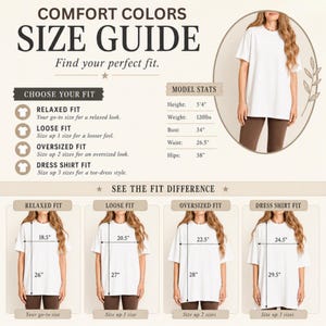 Op de afbeelding: Een Comfort Colors maattabel met een wit t-shirt op een model en vier pasvormen: relaxed, loose, oversized en dress shirt. De tabel toont afmetingen in inches voor breedte en lengte, naast modelstatistieken in imperiale eenheden.