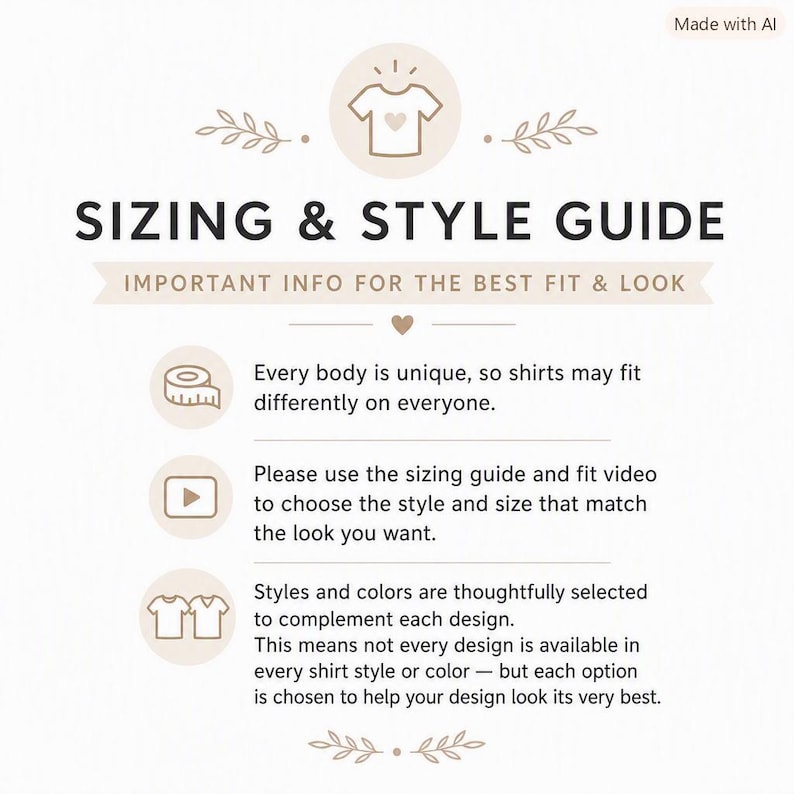 Op de afbeelding: Een beige en zwarte informatieve afbeelding met de titel SIZING & STYLE GUIDE. Het bevat iconen van een t-shirt, meetlint, afspeelknop en twee shirts. De tekst legt uit dat elk lichaam uniek is, adviseert om de maattabel en pasvormvideo te gebruiken, en merkt op dat stijlen en kleuren zijn geselecteerd om elk ontwerp aan te vullen.